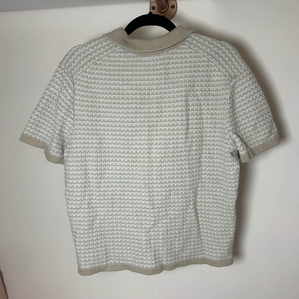 HM Mens Beige White Textured Knit Button Down Shirt Short Sleeve Polo Large - Picture 4 of 5